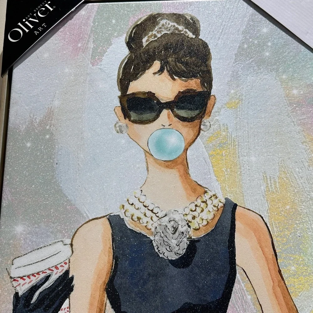 Oliver Art Audrey Hepburn Framed Canvas Wall Art Glitter Bubblegum 16x24 New